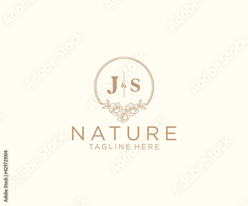 initial JS letters floral frames. Botanical feminine editable premade monoline unique decoration for greeting card, wedding invitation.
