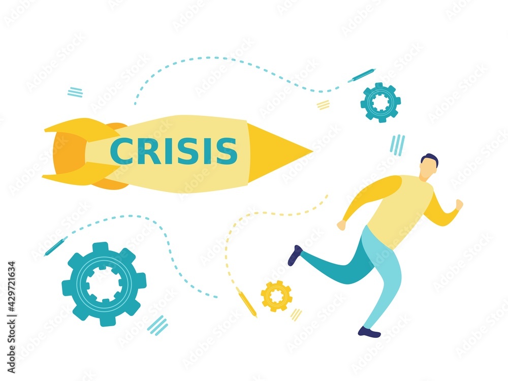 Flat illustration of the concept of crisis with businessman chased by rocket. Simple flat illustration of blue and yellow. Business and finance concepts.