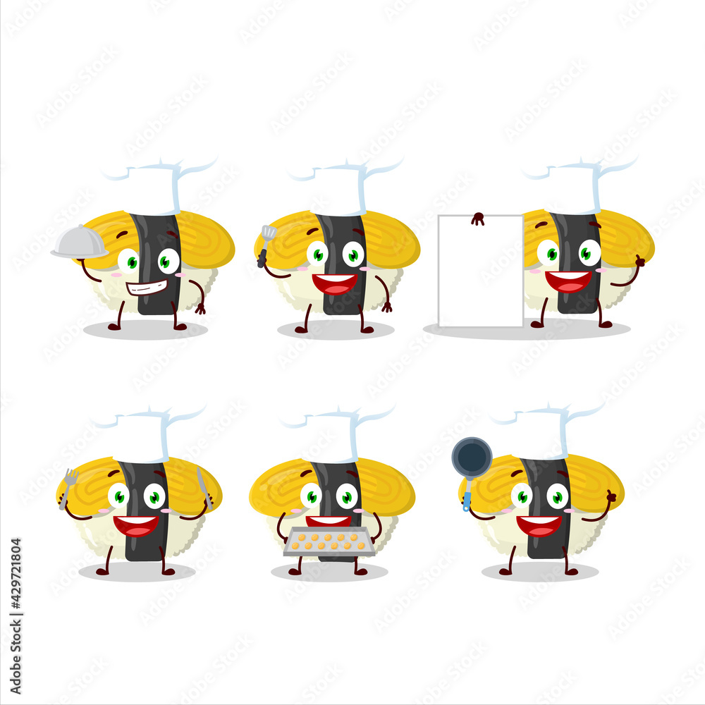 Obraz premium Cartoon character of tamago sushi with various chef emoticons