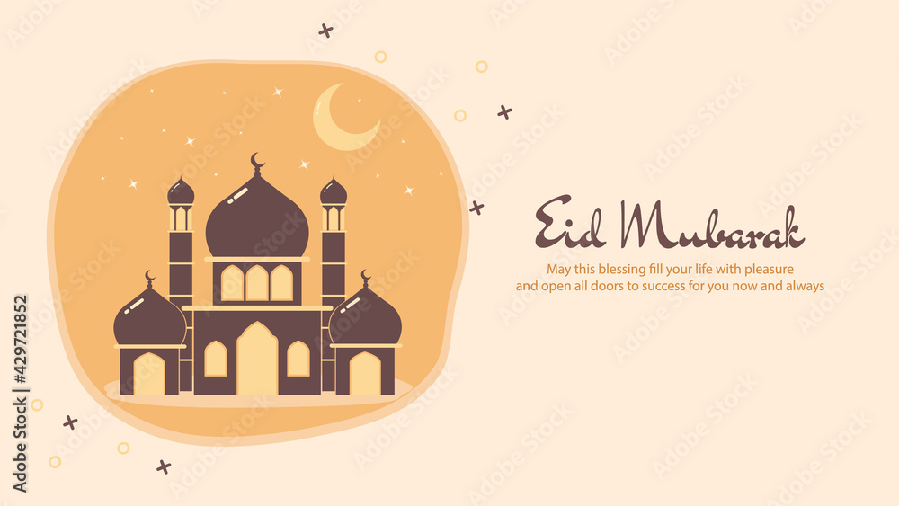 Flat orange Eid Mubarak banner template background design with cartoon mosque vector