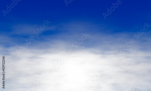 Dark blue sky Above the white clouds and the atmosphere. The sky atmosphere of the stratosphere contains a small number of stars in space. 3D Rendering