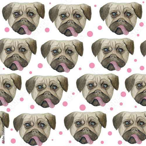 Watercolor seamless hand drawn pattern with pugs dogs breed isolated on white background. Funny cute cartoon pet animals for textile wrapping paper background texture. Trendy nursery print for kids.