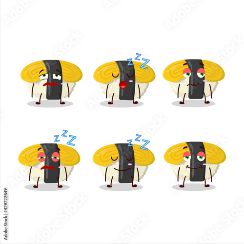 Cartoon character of tamago sushi with sleepy expression