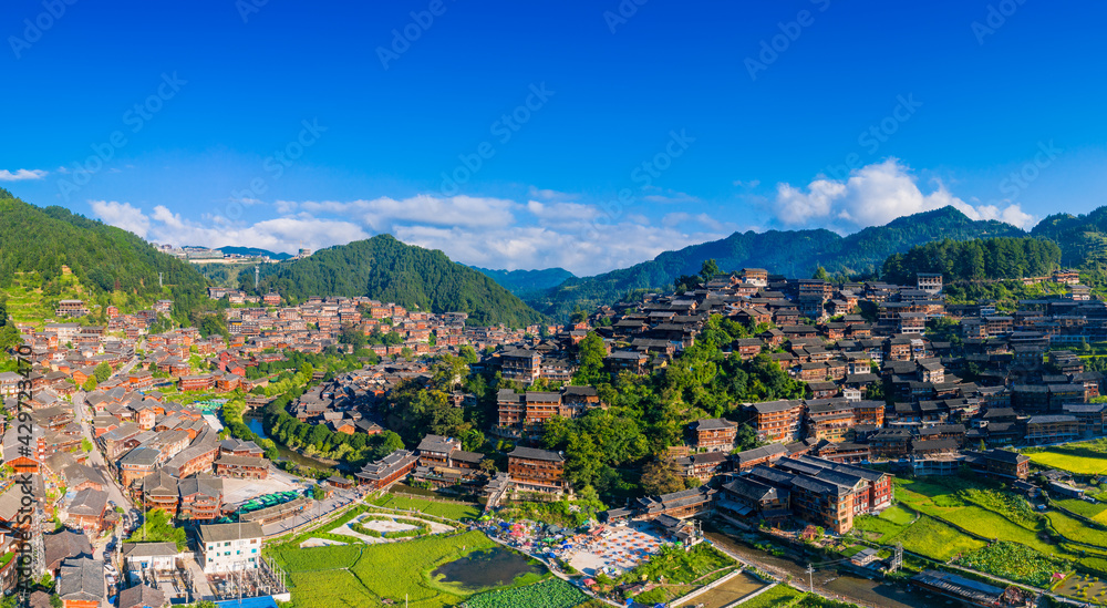 Naklejka premium Qianhu Miao village in Xijiang, Qiandongnan, Guizhou Province, China
