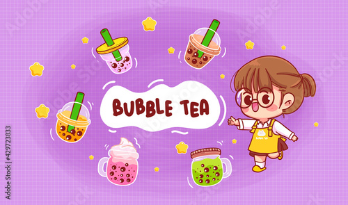 Cute girl and Bubble milk tea logo cartoon art illustration