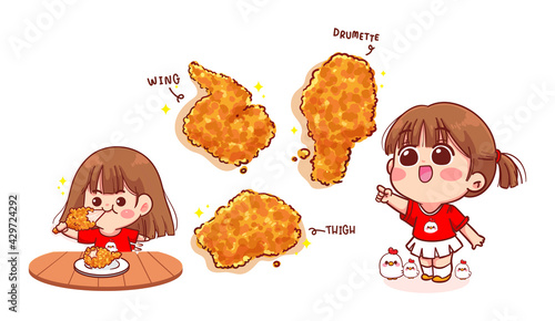 Cute girl eating fried chicken, Fried chicken drumsticks cartoon art illustration