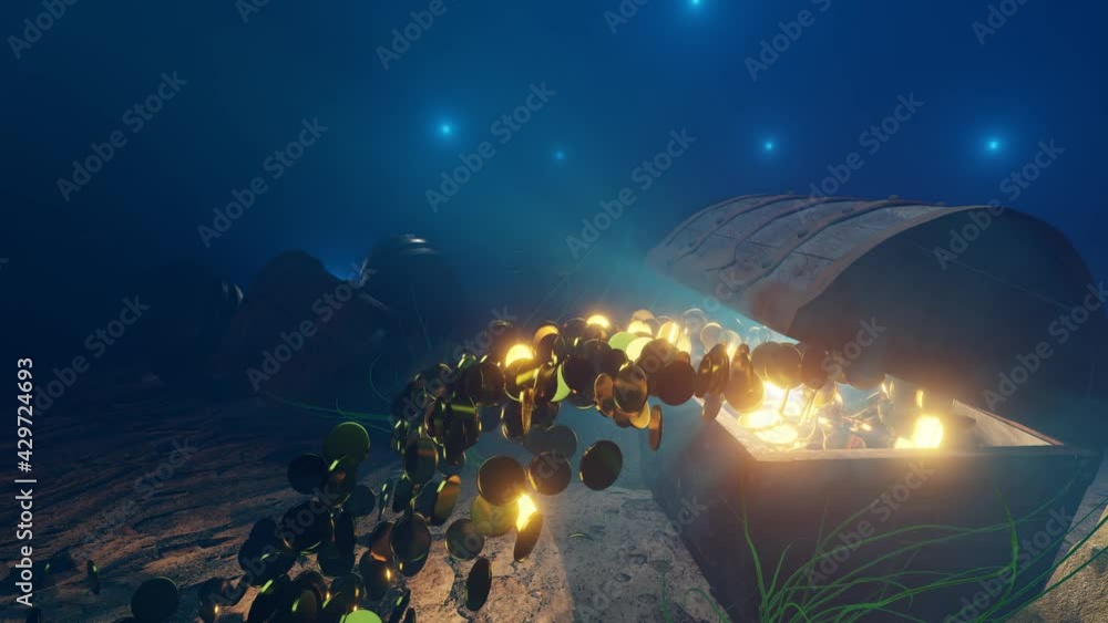 A wooden and rusted metal treasure chest sinks under the sea of pirates