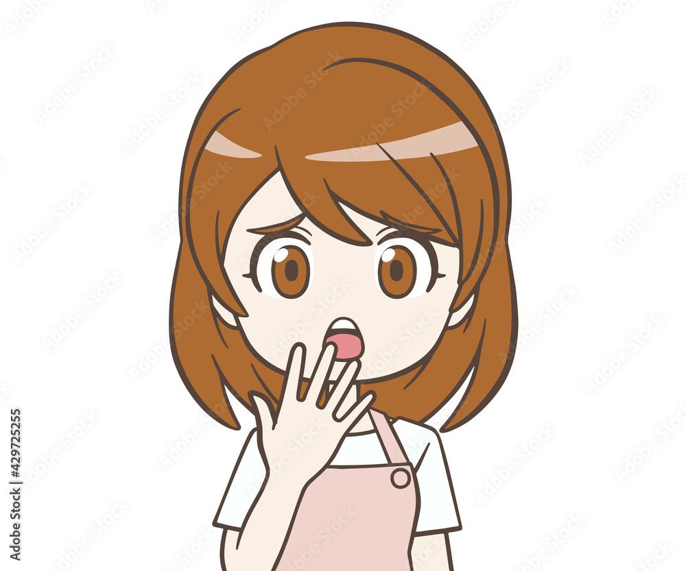 手を口にあてて困るエプロン姿の女性 手を口にあてて困るエプロン姿の女性
