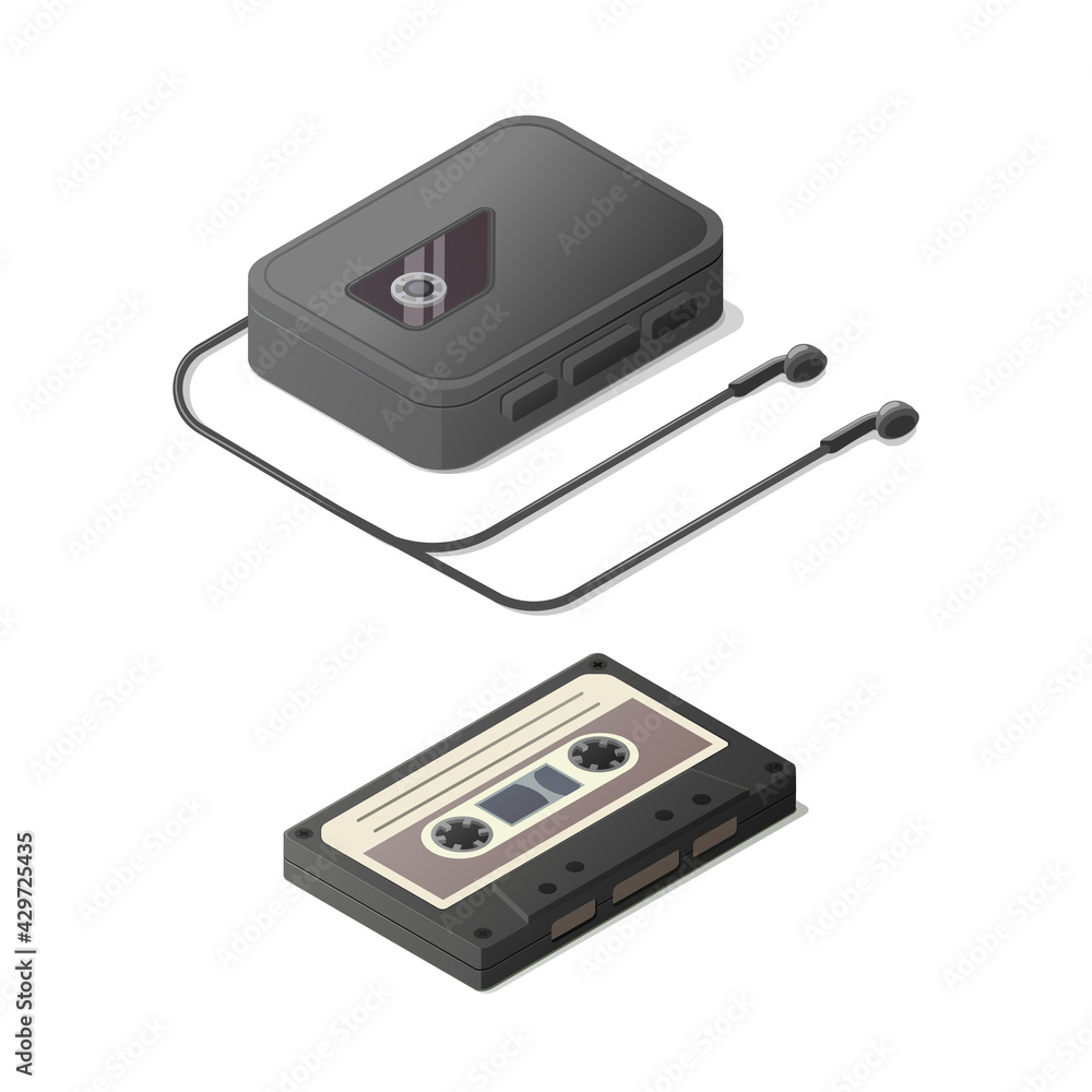 Obraz premium Classic cassette player, headphones and tape. Isometric vector illustration. Isolated on white background.