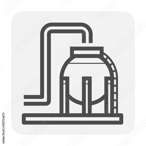 Oil gas tank vector icon. Include pipeline for storage, transport natural gas and petroleum liquid i.e. crude, gasoline, diesel. For refinery, fuel production industry in factory, petrochemical plant.