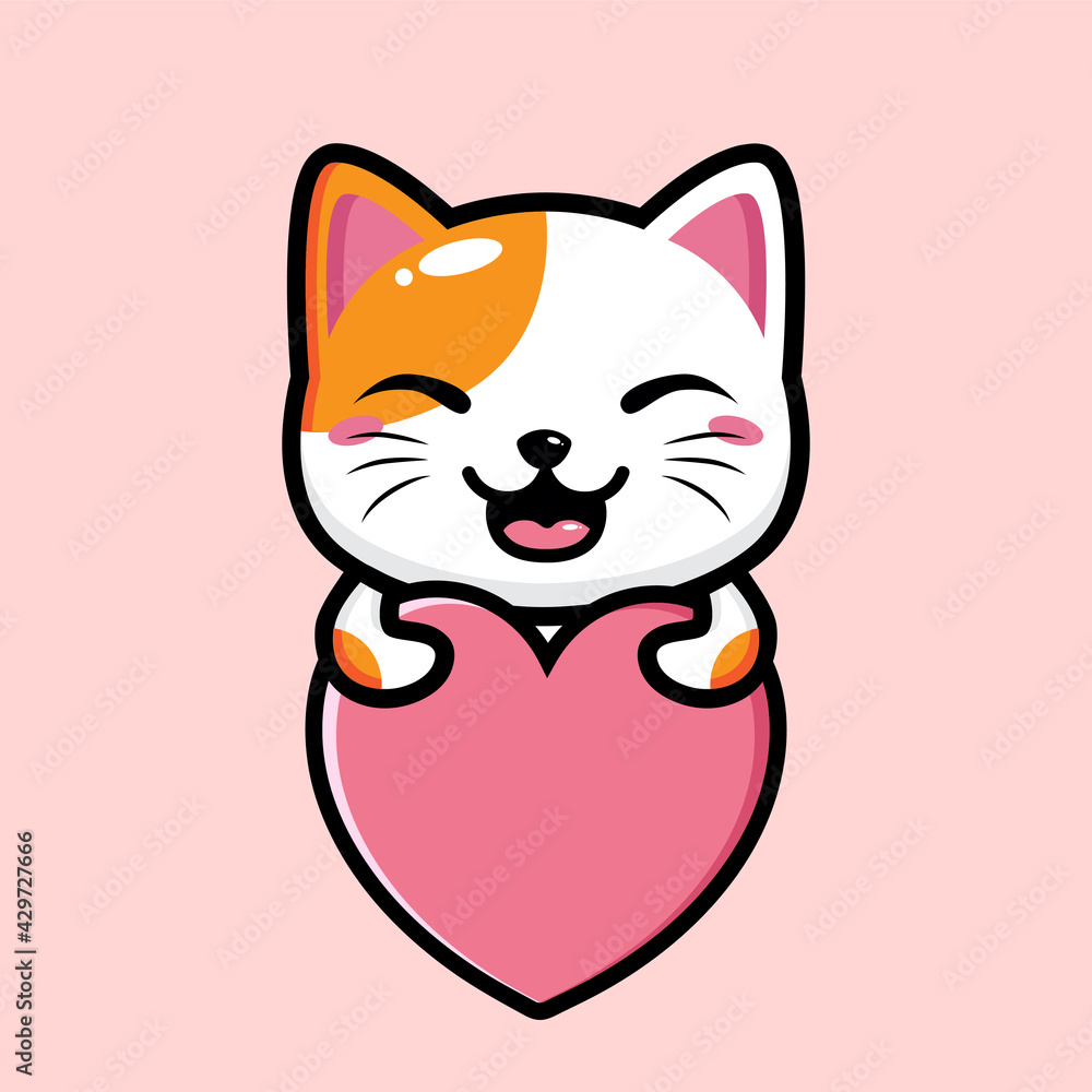 cartoon cute fortune cat vector design hugging a big heart