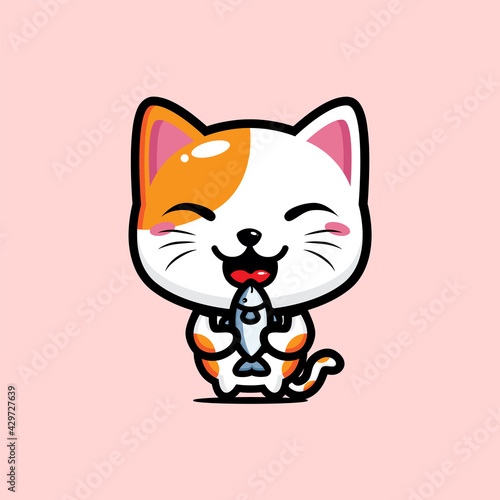 cartoon cute lucky cat vector design holding a fish