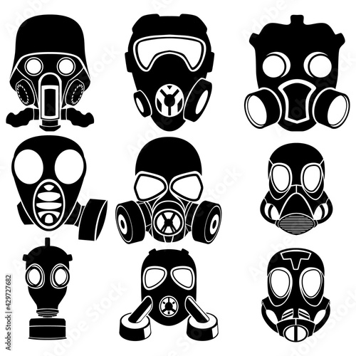 Images of nine different gas masks isolated on a white background.