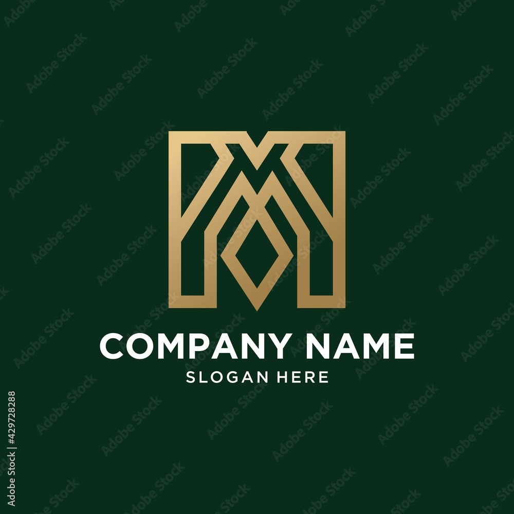Abstract monogram logo M tech letter design set in gold color Abstract monogram logo M tech letter design set in gold color