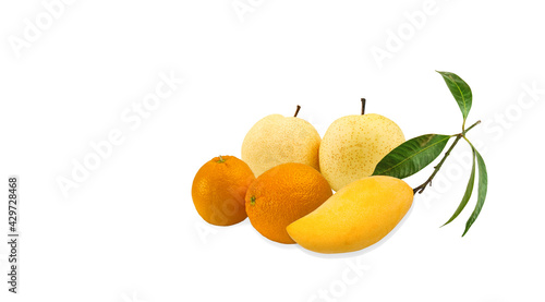 Delicous Asian tropical fruit with fresh oranges , pear, yellow mango fruit with leaf on white background .