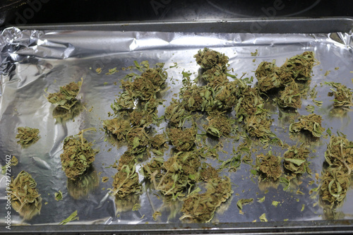 Closeup of a dried cannabis flower buds and leaves on a tray ready for decarboxylation photo