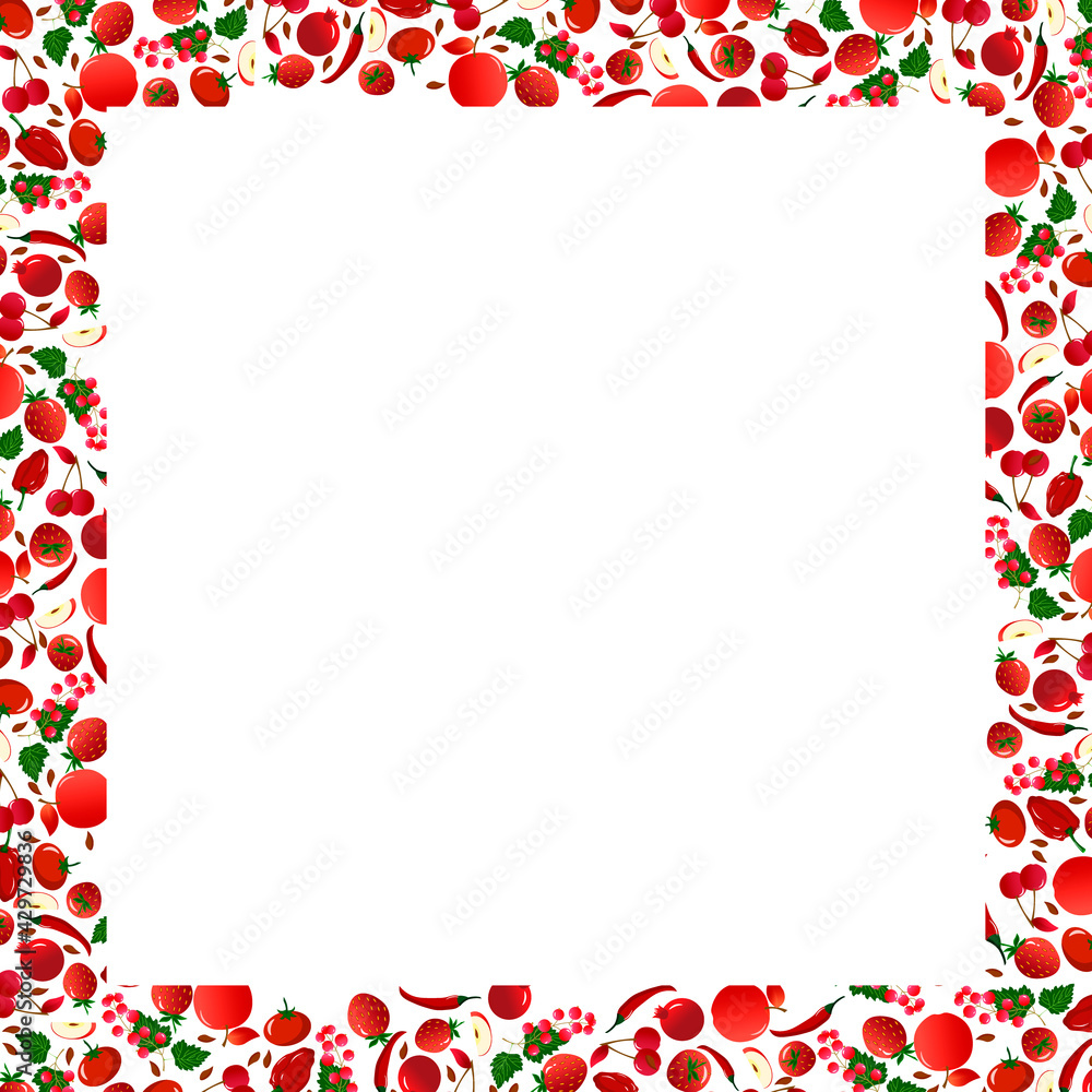 Card with a frame of red vegetables and fruits, berries. Colorful square border with a pattern of cherry, tomato and pepper, pomegranate, apple and strawberry, currant, and other fresh food. For use Card with a frame of red vegetables and fruits, berries. Colorful square border with a pattern of cherry, tomato and pepper, pomegranate, apple and strawberry, currant, and other fresh food. For use