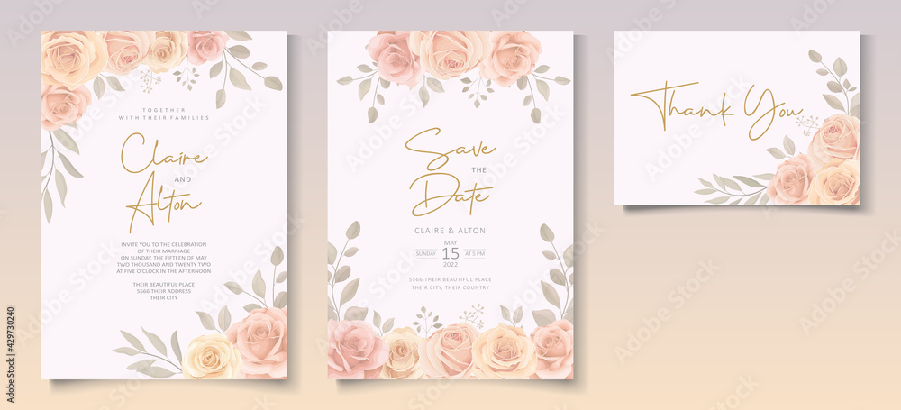 Wedding invitation template with soft color blooming flower Wedding invitation template with soft color blooming flower