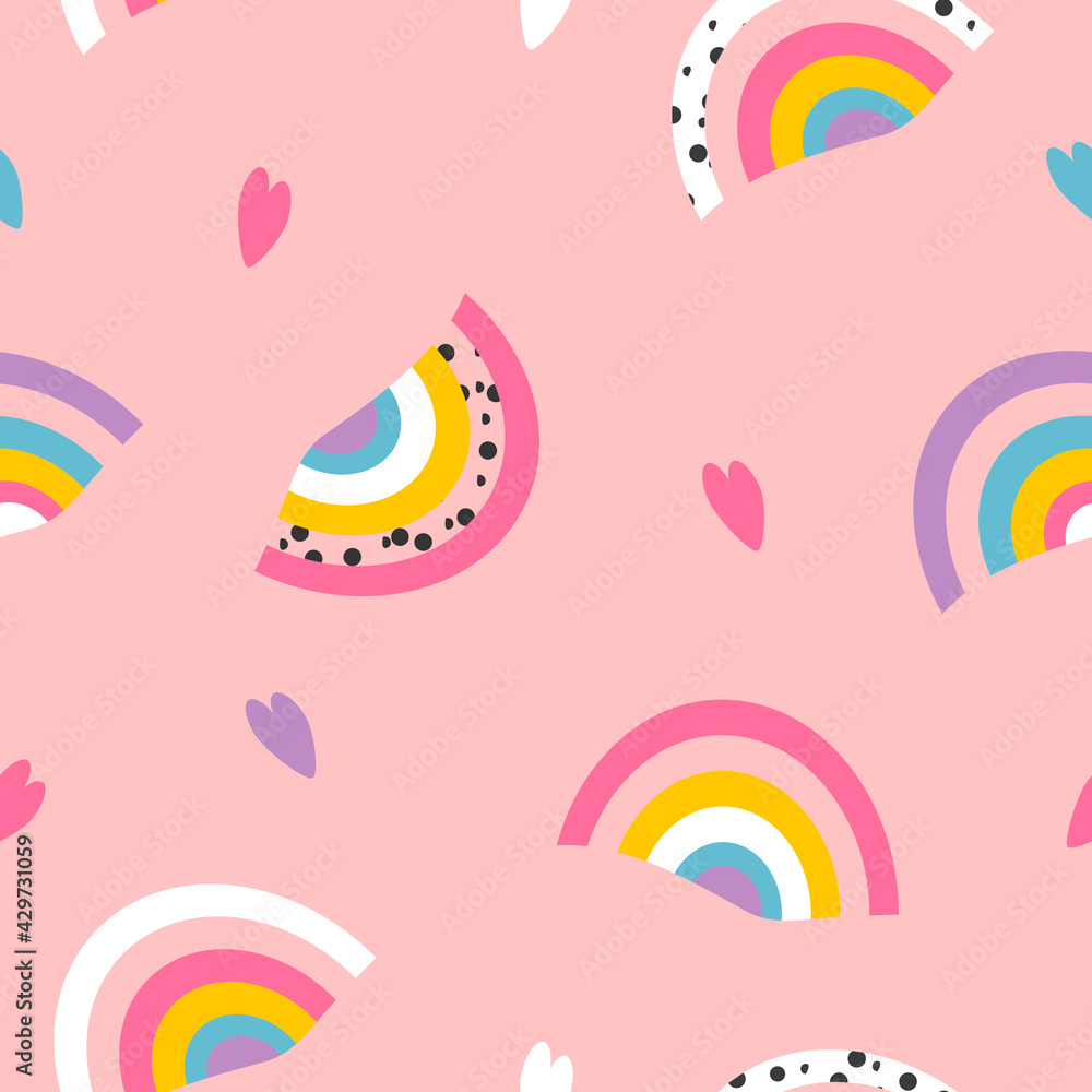 vector seamless pattern with hand drawn white rainbow and hearts on a pink background. trend illustration in flat style.