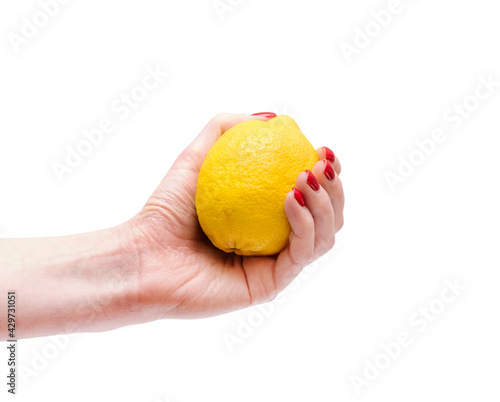 Lemon in hand isolated. Citrus fruit. Vitamin C.