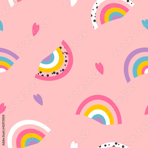vector seamless pattern with hand drawn white rainbow and hearts on a pink background. trend illustration in flat style.