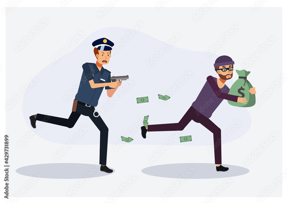 Policeman chasing a thief. Criminal with sack of money running away from policeman.The concept of combating crime. Flat vector cartoon character illustration.