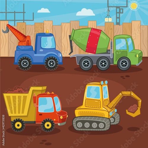 A set of work machine vector illustrations. Crane, concrete mixer truck, digger, dump truck.