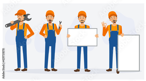 Set of male mechanic repairman in various action,holding blank sign, your text here. Flat vector cartoon character.