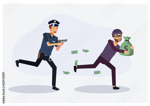 Policeman chasing a thief. Criminal with sack of money running away from policeman.The concept of combating crime. Flat vector cartoon character illustration.
