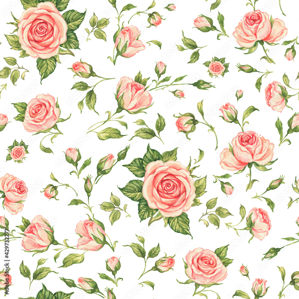 Seamless floral pattern drawn blooming roses with buds Seamless floral pattern drawn blooming roses with buds