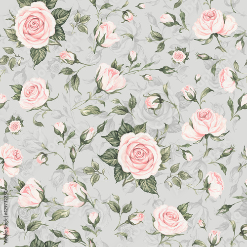  Seamless floral pattern drawn blooming roses with buds