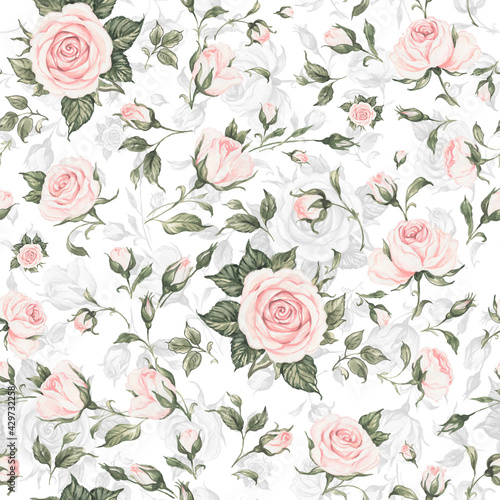  Seamless floral pattern drawn blooming roses with buds © Irina Chekmareva