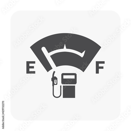 Fuel gauge vector icon. Measurement tool, equipment or instrument for car vehicle dashboard panel to indicator level, full or empty of power and energy in tank i.e. petrol, gas, gasoline and diesel.