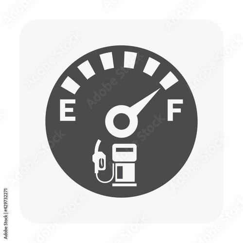 Fuel gauge vector icon. Measurement tool, equipment or instrument for car vehicle dashboard panel to indicator level, full or empty of power and energy in tank i.e. petrol, gas, gasoline and diesel.