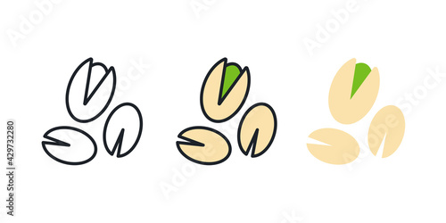 Pistachio icon. Linear color flat icons of nuts, contour, shape, outline isolated on white. Thin line. Modern design. Vector set. Healthy food and vitamins