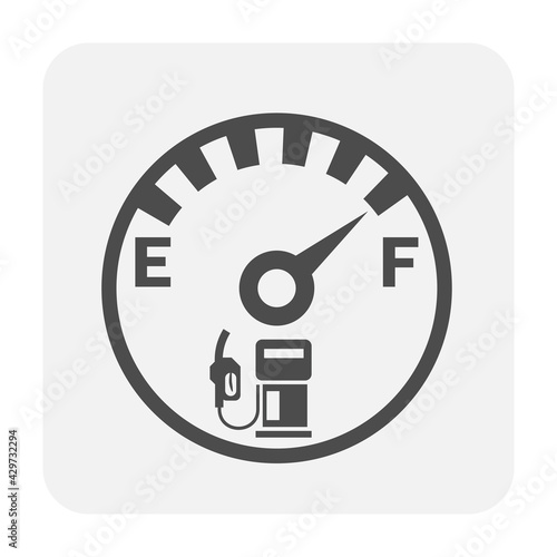 Fuel gauge vector icon. Measurement tool, equipment or instrument for car vehicle dashboard panel to indicator level, full or empty of power and energy in tank i.e. petrol, gas, gasoline and diesel.