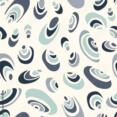 Hand-Drawn Doodle Sea Pebbles and Fossils Vector Seamless Pattern. Summer Beach Seaside Print. Ocean Fashion Textile Monochrome Blue, White Background. Seashore Elements Texture for Fabrics, Wallpaper