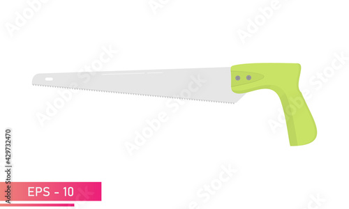 A small carpenter saw with a green handle. Realistic design. On a white background. Carpenter tools. Flat vector illustration.
