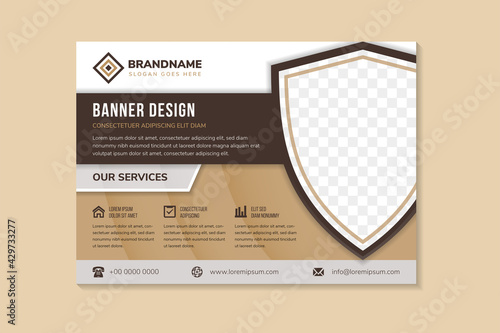 home security design and technology flyer design template use horizontal layout. multicolored brown background combined with white and grey colors. Shield shape for space of photo collage.