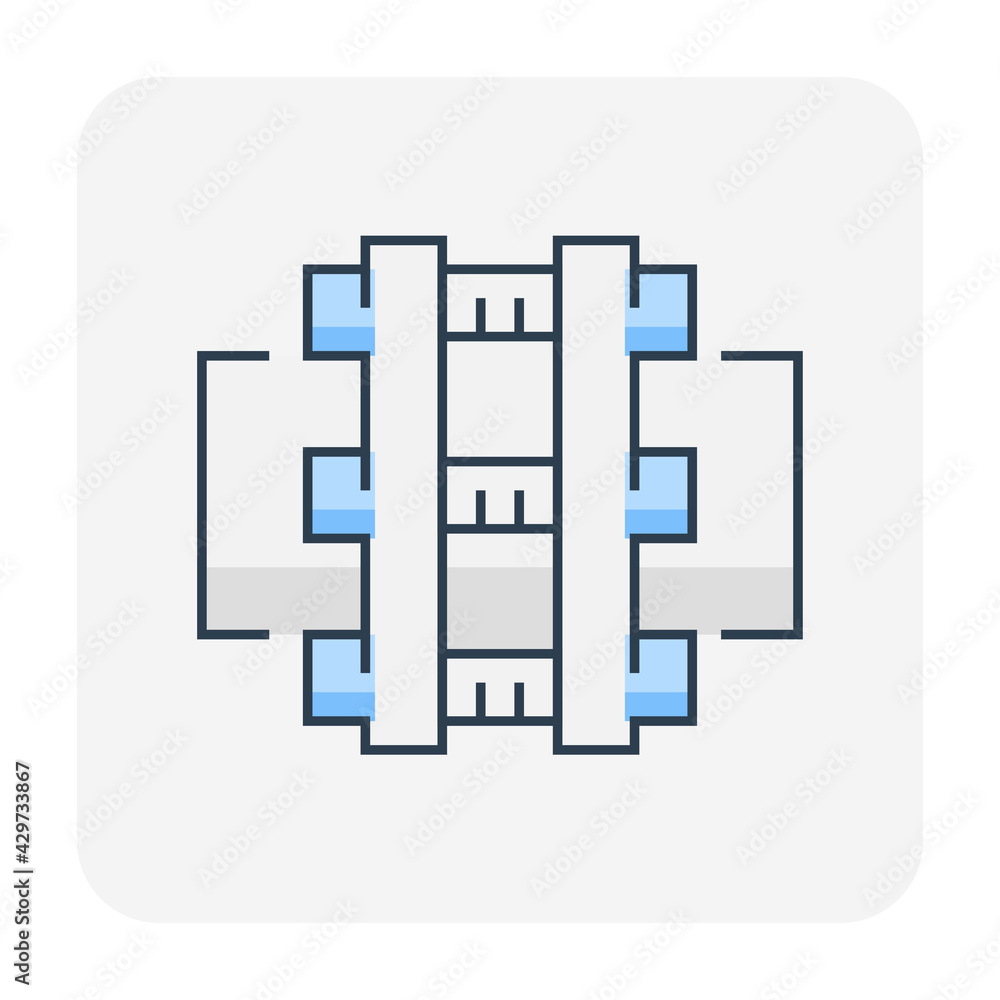 Pipe connection joint vector icon. That metal or steel pipeline with bolt, screw and flange fitting. Part element for pipeline construction to transportation water, oil, natural gas and sewage.