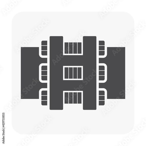 Pipe connection joint vector icon. That metal or steel pipeline with bolt, screw and flange fitting. Part element for pipeline construction to transportation water, oil, natural gas and sewage.