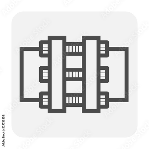 Pipe connection joint vector icon. That metal or steel pipeline with bolt, screw and flange fitting. Part element for pipeline construction to transportation water, oil, natural gas and sewage.