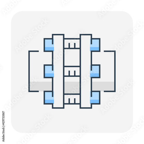 Pipe connection joint vector icon. That metal or steel pipeline with bolt, screw and flange fitting. Part element for pipeline construction to transportation water, oil, natural gas and sewage.