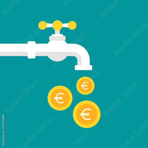 Tap or faucet with euro coin as drop. Money resource, passive income concept.