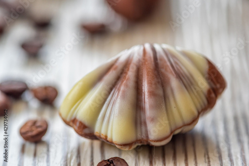 Figures of Belgian chocolate on a light wooden background close-up.