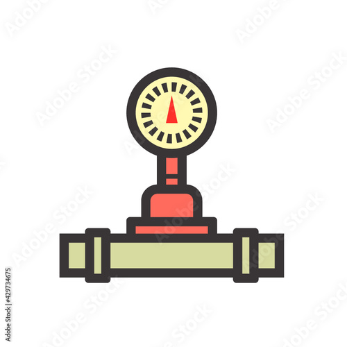 Pressure gauge vector icon. May called manometer, meter or vacuum gauge. Industrial measuring equipment tool for measurement pressure of water, air, steam and oil gas fuel in pipe or pipeline system.