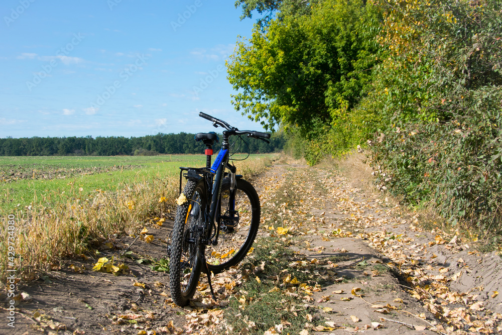 Mountain bike. bike stands on in the field. A mountain bike stands on a field path with green grass. cycling. outdoor cycling activities. space for text. editorial, Ukraine, Kiev region 2020