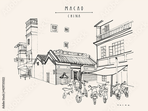 Vector Macao postcard. Chinese Kuan Tai (Sam Kai Vui Kun) temple. Old town historical center. Macau (Macao), China, Asia. Artistic drawing. Asian travel sketch. Vintage hand drawn postcard, poster
