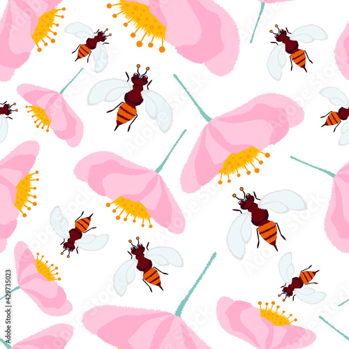 Floral seamless pattern with bees on a white background. White isolated background of wasps and cute pink flowers with yellow centers. Spring romantic pattern  summer vector texture. For a flower shop