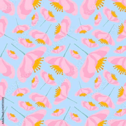 Floral seamless pattern on a blue background. Blue background of cute pink flowers with yellow centers. Can be used for fabric, wrapping paper, spring romantic pattern. Seamless vector texture.